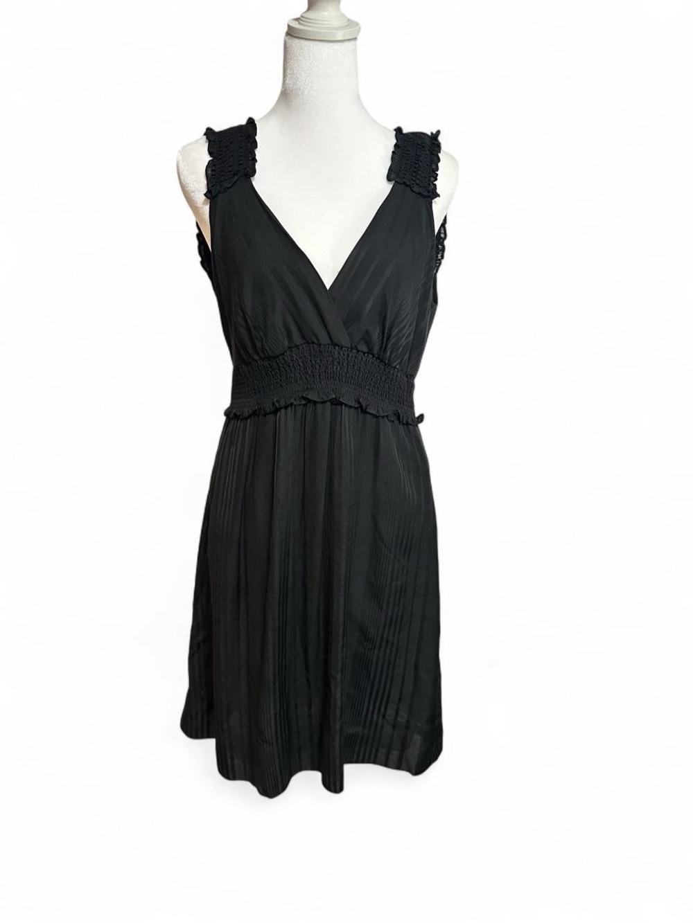 BCBGMaxAzria Black V-Neck Pleated Midi Dress with Smocked Waist